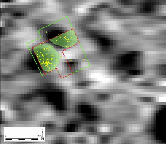  Geophysical survey results (grey-scale), trench edge (green line), sondage (red line), excavated pits (green area) and worked flints (yellow stars)